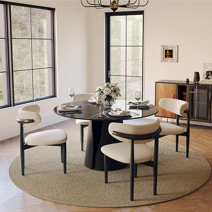 POVISON Round Dining Table for 4, 47" Modern Circle Dining Table, Glossy Black Sintered Stone Dining Tabletop with Black Carbon Steel Pedestal for Living Room (Dining Room Table Only)