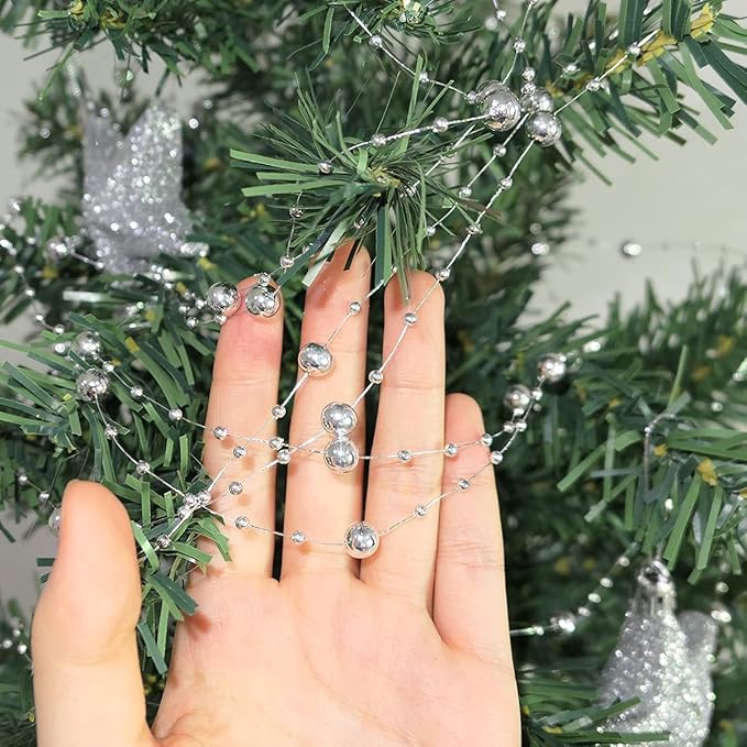 Christmas Tree Beads Garland Decoration,66 Feet Silvery Pearl Strands Chain for Christmas Tree Decor,Crafts and Holiday Décor