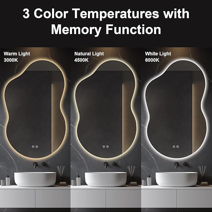 48"x30" Irregular LED Lighted Vanity Mirror for Bathroom, Front and Backlit, Anti-Fog, 3-Color Dimmable Lighting, Wall Mount [Horizontal/Vertical]