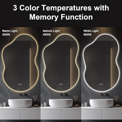 48"x30" Irregular LED Lighted Vanity Mirror for Bathroom, Front and Backlit, Anti-Fog, 3-Color Dimmable Lighting, Wall Mount [Horizontal/Vertical]