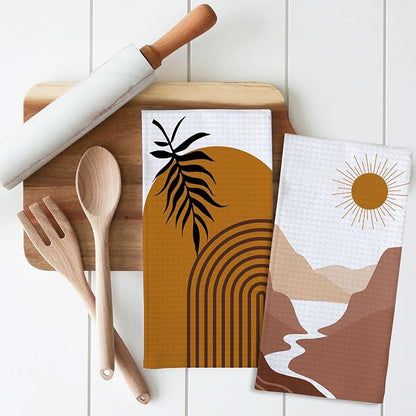 Boho Kitchen Dish Towels 4 Pack Mountains Rivers Sun Absorbent Decorative Tea Towels