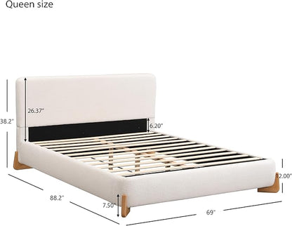King Size Bed Frame, Upholstered Cloud Boucle Platform Beds Frames with Headboard, Anti-Collision Soft Rounded Corners Footboard, No Box Spring Required, Easy Assembly (38.2" White, Queen)