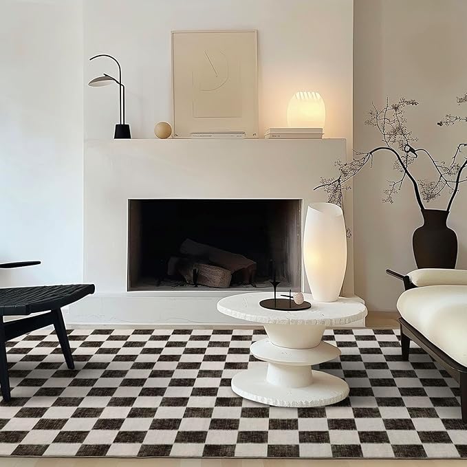 EVERGRACE Checkered Plaid Area Rug 6x9, Soft Faux Wool Rugs Washable Anti Slip Rugs Large Rug Carpet for Entryway Bedroom Living Room Hallway Kitchen and Laundry Room, Black and White