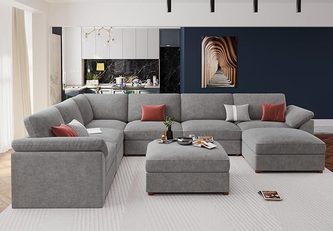 Ease MOOSEGrey Sectional Modular Sofa, Oversized U Shape Sectional Couch Wide Deep seat Sectional Sofa,FSC Certified Comfortable Chenille White Modular Sofa，Detachable and Washable