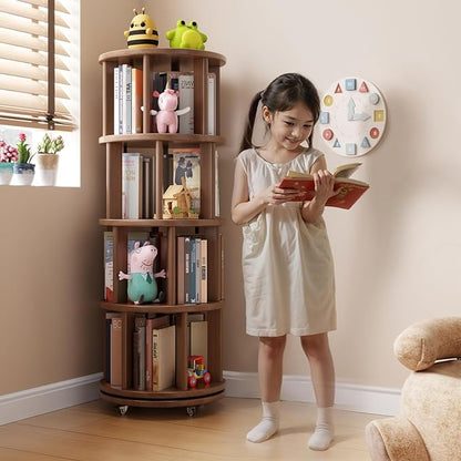 Solid Wood Rotating Bookshelf on Wheels, 4 Tier, Round Revolving Bookcase, 360° Spinning Book Shelf Tower for Kids, Narrow Rolling Bookshelves for Small Space, Corner, Bedroom, Office, Walnut