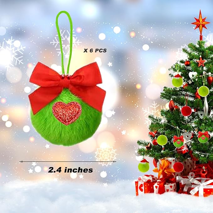 6 Pack Lime Green Furry Christmas Ball Ornaments with Red Bow, 2.36 Inches Soft Fluffy-Pom-Pom Xmas Tree Hanging Decor for Holiday Home Party Fireplace Wall Decoration(Red Bow)