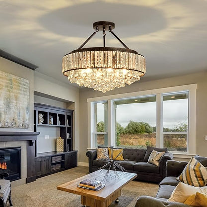 YYJLX 6 Light Modern Crystal Oil Rubbed Bronze Metal Semi Flush Mount Ceiling Light Fixture E26 Indoor Round Ceiling Lamp for Dining, Living, Foyer, Kitchen, Bedroom