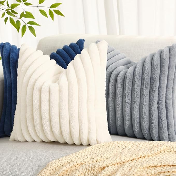 decorUhome Faux Fur Throw Pillow Covers 26x26 Set of 2, Decorative Soft Plush Striped Neutral Euro Pillow Covers with Velvet Back for Bed, Living Room Home Decor, Grey