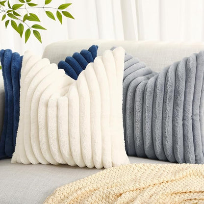 decorUhome Faux Fur Throw Pillow Covers 26x26 Set of 2, Decorative Soft Plush Striped Neutral Euro Pillow Covers with Velvet Back for Bed, Living Room Home Decor, Grey