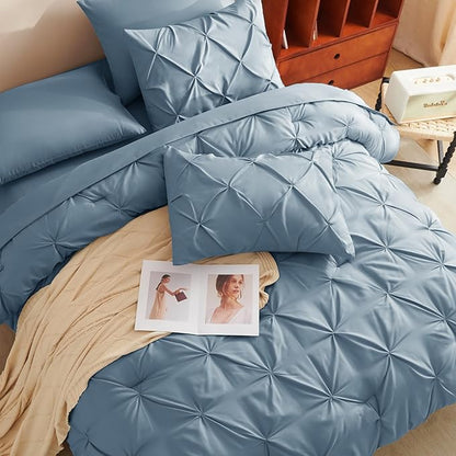 CozyLux Queen Comforter Set Mineral Blue, 7 Pieces Pintuck Bed in A Bag, Premium Blue Comforter Queen Size, Pinch Pleat Bedding Sets with Comforter, Flat Sheet, Fitted Sheet, Pillowcases & Shams