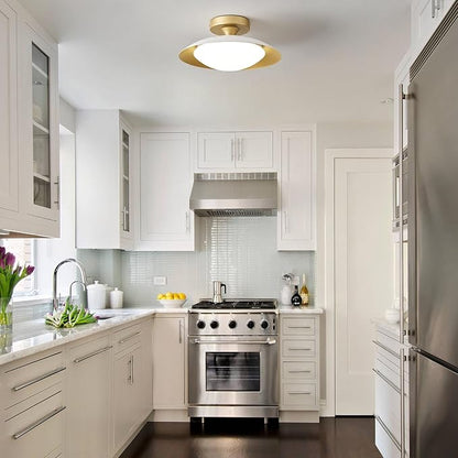 Dimmable Small Mid Century Modern Flush Mount Ceiling Light with Acrylic Shade,White and Gold LED Ceiling Lights,5CCT 2700K-6000K Light Fxiture for Hallway Entryway Bedroom Kitchen Laundry Room 11.8in