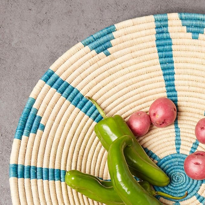 Decorative Tary- Large, Natural Turquoise | Fruits Basket - Kitchen Counter | Remotes Bin -Table | Keys Wallet Holder - Entryway | Hand Woven, Wicker, African