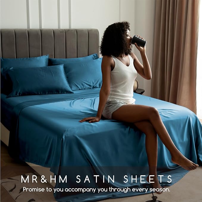 MR&HM Satin Bed Sheets, Full Size Sheets Set, 4 Pcs Silky Bedding Set with 15 Inches Deep Pocket for Mattress (Full, Teal)