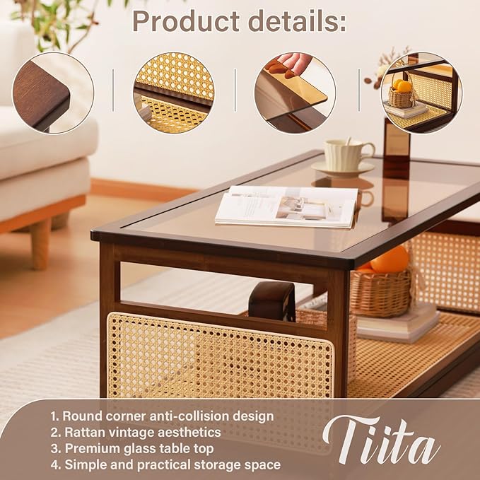 Tiita Coffee Tables for Living Room，Mid Century Modern Storage 2-Tier Coffee Tables，Rattan Glass RectangleTables，Suitable for Living Room Apartment，Brown