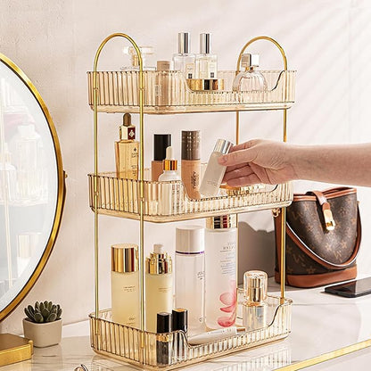 Bathroom Counter Organizer Countertop, 3 Tier Makeup Perfume Shelf Storage, Skincare Cosmetic Tray for Dresser Vanity - Gold