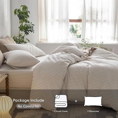 MooMee Striped Duvet Cover Set 100% Washed Cotton Linen Like Textured Breathable Durable Soft Comfy (White Tannish Linen Grey Wide Stripes, Twin 68"x90")