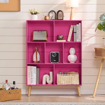 LEYAOYAO 7 Cube Bookshelf,3 Tier Book Shelf with Legs,Pink Modern Bookshelf,Large Freestanding Open Toy Modern Bookshelves,Display Bookcases Decor Furniture for Nursery