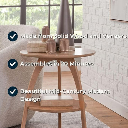 Martin Svensson Home LAX Retro Mid-Century Modern Round Wood End Table, Solid Grain Side Table with Lower Shelf, Small Accent Table for Living Room or Nightstand. Light Wood Blonde.