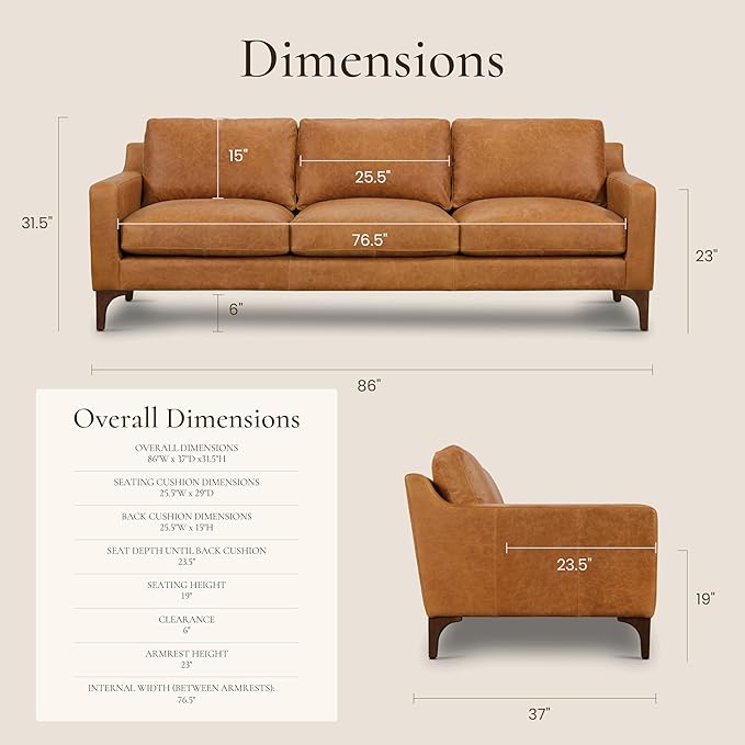 Poly & Bark Sorrento Leather Couch - 86 Inch Sofa - Full-Grain Leather Sofa for Living Room with Feather Down Topper - Living Room Couch - Pure Aniline Vintage Italian Leather in Cognac Tan
