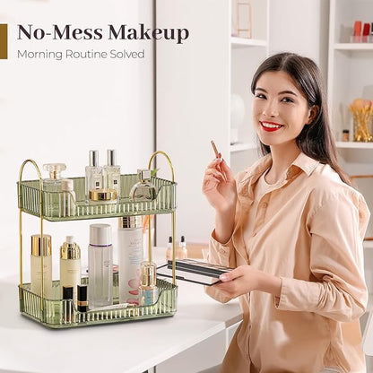 Aveniee Bathroom Counter Organizer, 2 Tier Perfume Skin Care Countertop Storage Shelf, Vanity Makeup Tray for Cosmetic Skincare Lotion,Green