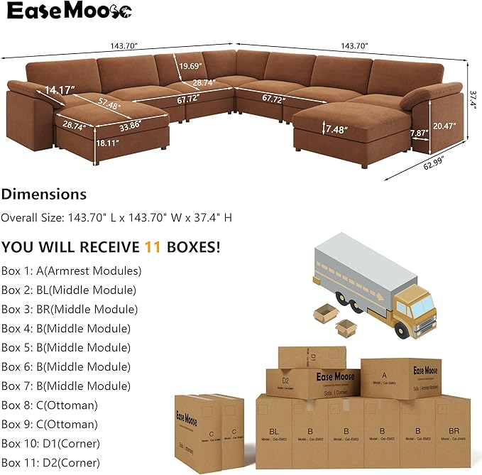 EASE MOOSE Oversized Modular Sectional Sofa with Ottoman, Modern Luxury Wide Deep Modular Couch, U Shaped Couch for Big Spaces Living Room, Brown