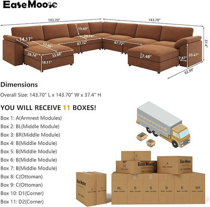 EASE MOOSE Oversized Modular Sectional Sofa with Ottoman, Modern Luxury Wide Deep Modular Couch, U Shaped Couch for Big Spaces Living Room, Brown