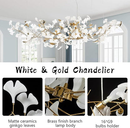 L79 Large Modern Chandelier, 16 Lights Gold Branch Chandeliers, Luxury Ceramic Ginkgo Ceiling Light Fixtures, Hanging Brass Chandelier for Dining Room Hotel Kitchen Island Living Room