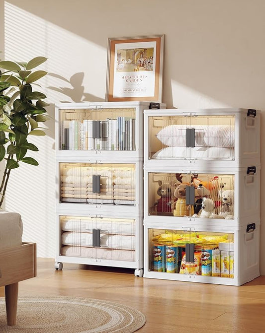 OlarHike Stackable Storage Bins with Lids Folding Storage Box with Doors and Wheels 6 Pack Cubes