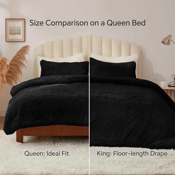 BEDELITE Black Fluffy Comforter Set Queen Size, Fuzzy Faux Fur Comforter Bedding Set, 3Pieces Soft Warm Shaggy Bed Set (1 Comforter & 2 Pillowcases) as Gifts for Women