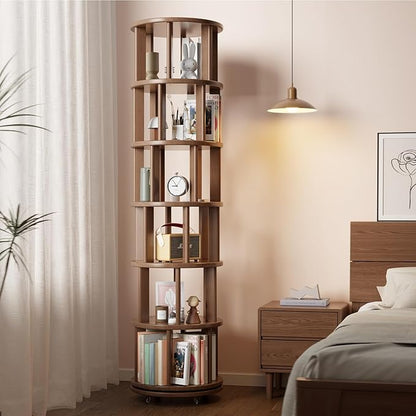 Solid Wood Rotating Bookshelf on Wheels, 6 Tier, Round Revolving Bookcase, 360° Spinning Book Shelf Tower for Kids, Narrow Rolling Bookshelves for Small Space, Corner, Bedroom, Office, Walnut