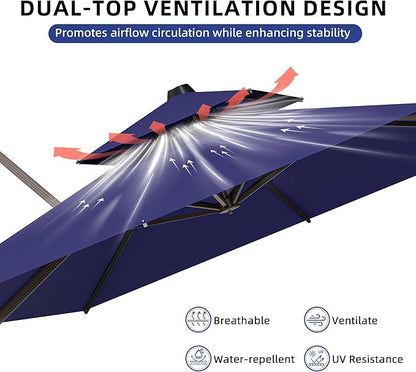 10x13FT Cantilever Outdoor Patio Umbrellas, Double Top Large Rectangle Umbrella, Heavy Duty 360° Rotation Offset Outdoor Sun Shade Umbrella for Garden Deck Pool Backyard, Navy Blue