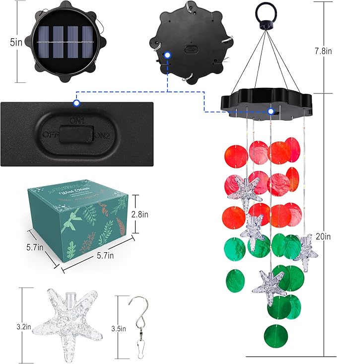 Solar Shell Gift for Mom Grandma Girls, Christmas Red & Green Solar Wind Chimes for Outside,Christmas Decorative Mobile Lights for Garden, Yard, Patio, Window, Party, Outdoor Decorations