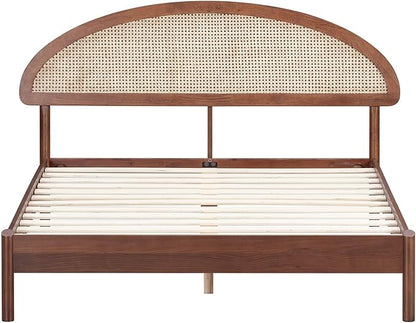 NTC Gem Wooden Bed Frame with Headboard and Natural Rattan, Solid Oak/Rubber Wood Foundation with Silent Slats, 1000 Lb Capacity, Effortless Assembly (Natural Cane - Dark Walnut, Queen)