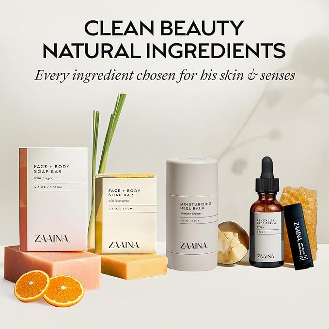 ZAAINA Men’s Self Care Kit – Luxury Spa Gift Set for Men with Face Serum, Soaps, Heel Balm & Lip Balm – Natural Grooming Care Package for Men – Birthday & Relaxation Spa Kit (Deluxe Set)