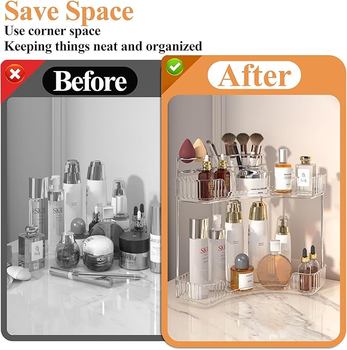 SUNZOS Bathroom Counter Organizer, 2-Tier Corner Bathroom Organizer Countertop with Makeup Brush Holder, Vanity Makeup Cosmetic Storage, Corner Storage for Kitchen, Dresser