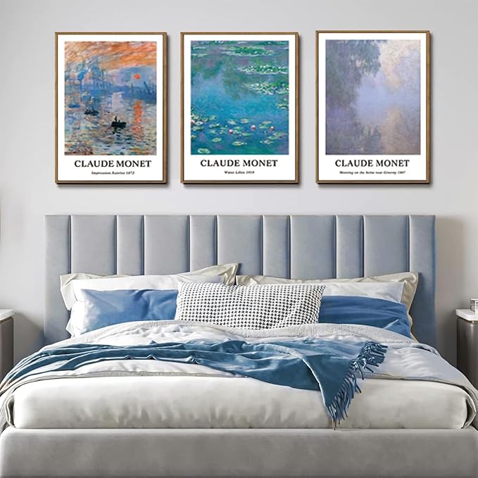 ILLBDR Claude Monet Water Lilies Framed Wall Art Vintage Aesthetic Canvas Wall Art Set of 3 Impressionist Botanical Prints Artwork Minimalist Classic Pictures Decor for Bedroom Living Room 16x24 Inch