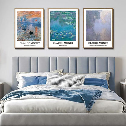 ILLBDR Claude Monet Water Lilies Framed Wall Art Vintage Aesthetic Canvas Wall Art Set of 3 Impressionist Botanical Prints Artwork Minimalist Classic Pictures Decor for Bedroom Living Room 16x24 Inch
