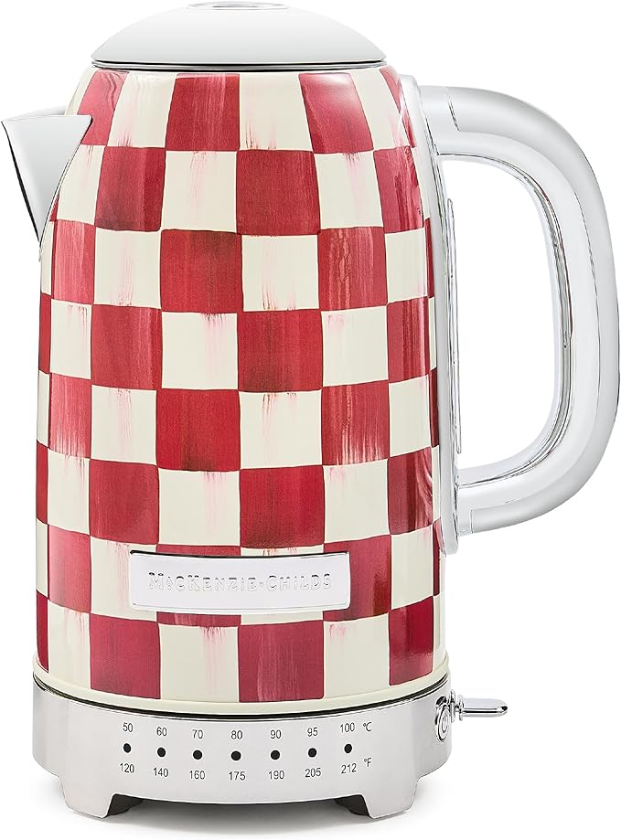 MACKENZIE-CHILDS Electric Kettle, Stainless-Steel Appliances Kettle, Red-and-White Cherry Check
