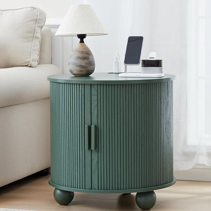 24" Vintage End Table, Nightstands Set of 2, Mid-Century Fluted End Table with Charging Station, Wood Side Table with Storage & Sliding Door for Sofa, Couch, Bed (Round, Green)