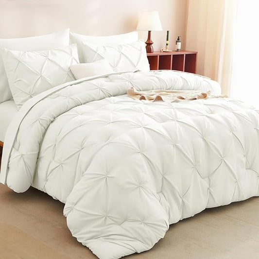 CozyLux King Size Comforter Set Ivory, 7 Pieces Pintuck Bed in A Bag Ivory Comforter King Size, Pinch Pleat Bedding Set with All Season Comforter, Sheets, Pillowcases & Shams