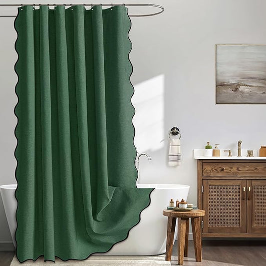 MIULEE Christmas 84" Long Scalloped Shower Curtain Linen Textured with 12 Metal Hooks Cute Extra Long Heavy Duty Washable Waterproof Cloth Curtains with Black Border for Bathroom Hotel,Dark Green