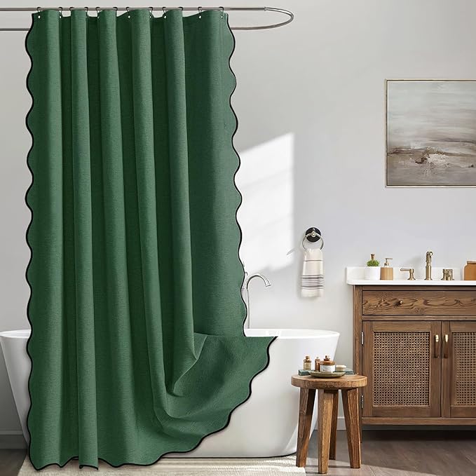 MIULEE Christmas Dark Green Scalloped Shower Curtain Linen Textured with 12 Metal Hooks Cute Heavy Duty Washable Waterproof Thick Cloth Shower Curtains with Black Border for Bathroom Hotel,W72*L72