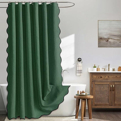 MIULEE Christmas Dark Green Scalloped Shower Curtain Linen Textured with 12 Metal Hooks Cute Heavy Duty Washable Waterproof Thick Cloth Shower Curtains with Black Border for Bathroom Hotel,W72*L72