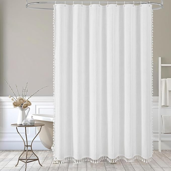 MitoVilla Boho Extra Long Shower Curtain 72 x 84, White Modern Farmhouse 84 inch XL Polyester Linen Texture Tassel Fabric Shower Curtain Set with Hooks for Cottagecore Country Bathroom Decor,White