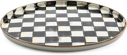 MACKENZIE-CHILDS Enamel Round Unique Serving Platter for Food and Drinks, Black-and-White Courtly Check