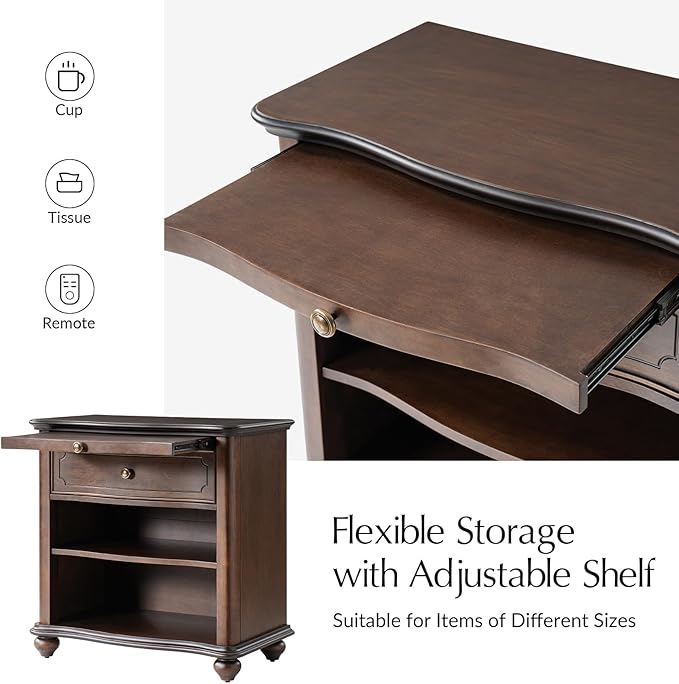 HULALA HOME Wooden Nightstand with Pull-Out Shelf, Mid Century Modern Nightstand with Solid Wood Drawers and Legs, Adjustable Storage, Walnut