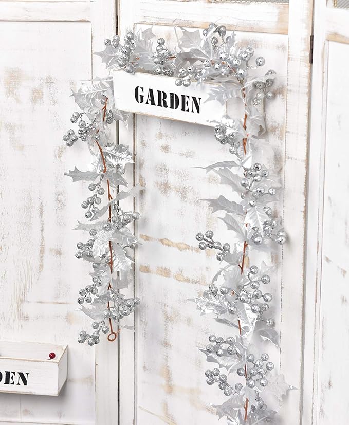 DearHouse 6FT Silver Berry Christmas Garland, Flexible Artificial Berry Garland for Indoor Outdoor Home Fireplace Decoration for Winter Christmas Holiday New Year Decor