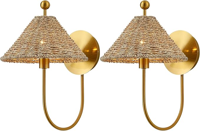 Boho Hand Woven Rattan Wall Scones Set of 2 Brass Wall Lamp Sconces Rustic Wall Lights for Bedside Hallway Vanity Stairway Fireplace Living Room, UL Listed