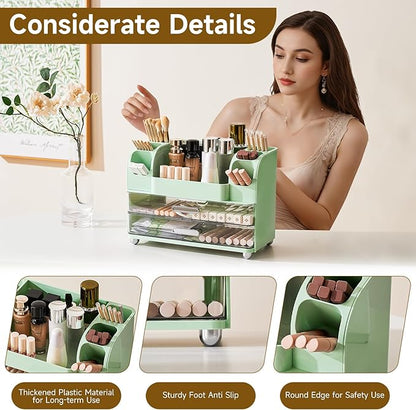 Makeup Organizer for Vanity with 2 Large Drawers, Cosmetic Display Case with Brush Holders, Easy to Storage for Bathroom Countertop Skincare, Desk Office Supplies, Green