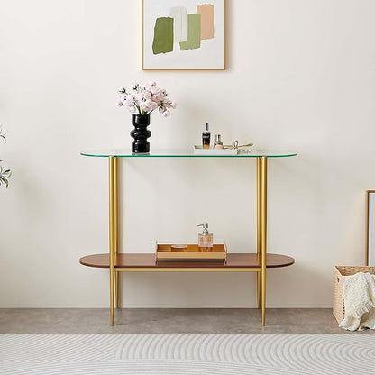 Oval Glass Console Table for Living Room, Foyer & Entrance, 2-Tiers Mid-Century Modern Sofa Table with Clear Glass Top, Walnut Finish Wood Shelf and Gold Finish Frame